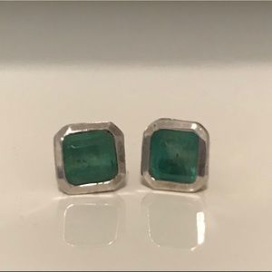 Colombian Emerald Silver Square Cut Stud Earrings